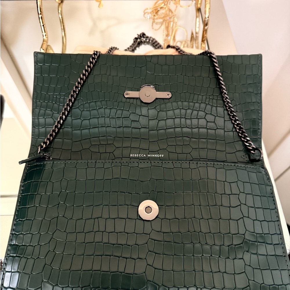 Rebecca Minkoff Green Leather Crocodile-Embossed Clutch Brand New Never Used - Picture 10 of 11